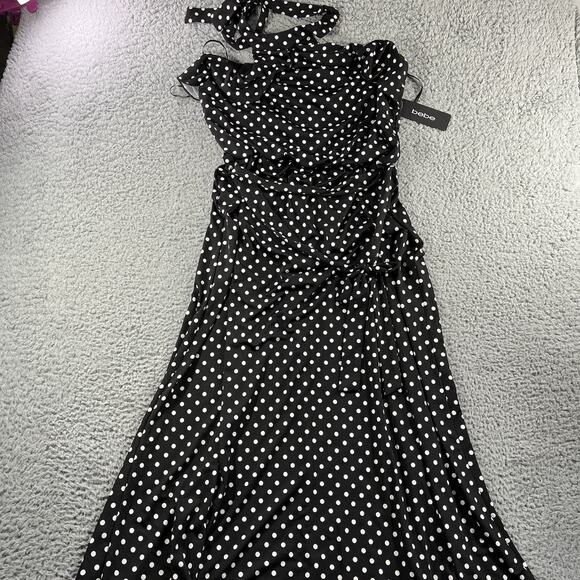 BEBE DRESS WOMENS 12 BLACK WHITE POLKA DOT NWT NEW $119 MSRP TIE NECK - Picture 1 of 8